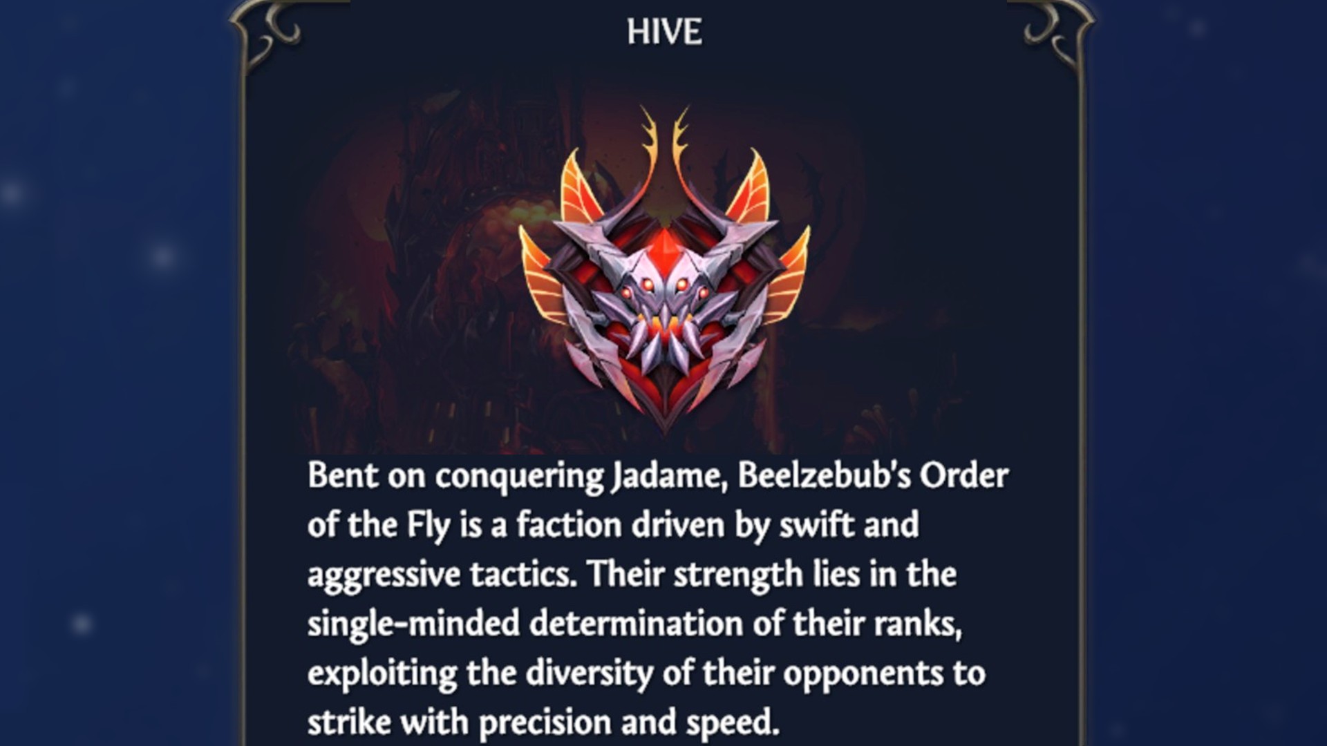 The Hive Faction description and their insect head icon in HoMM Olden Era.