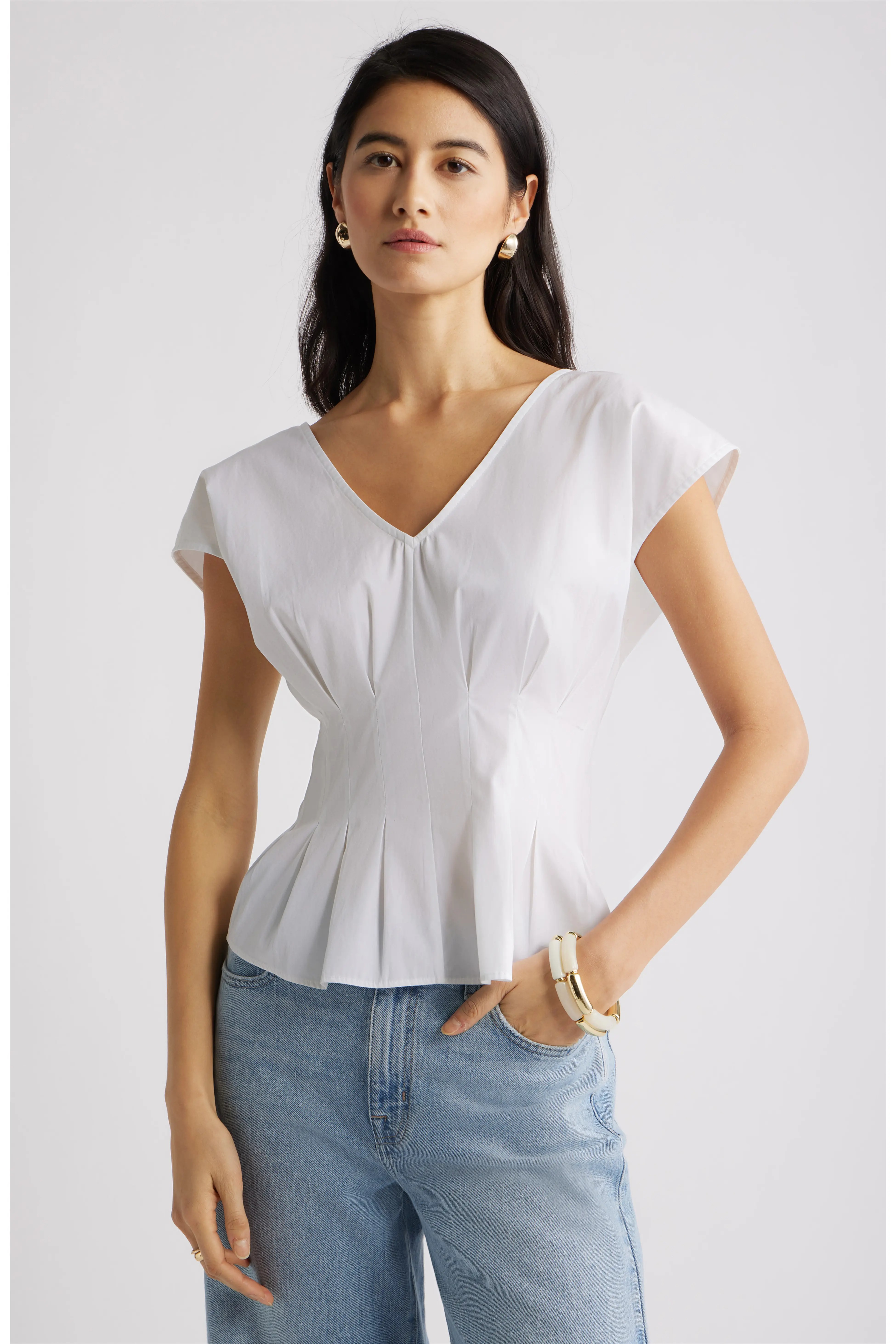 Nordstrom, Pleated V-Neck Poplin Top