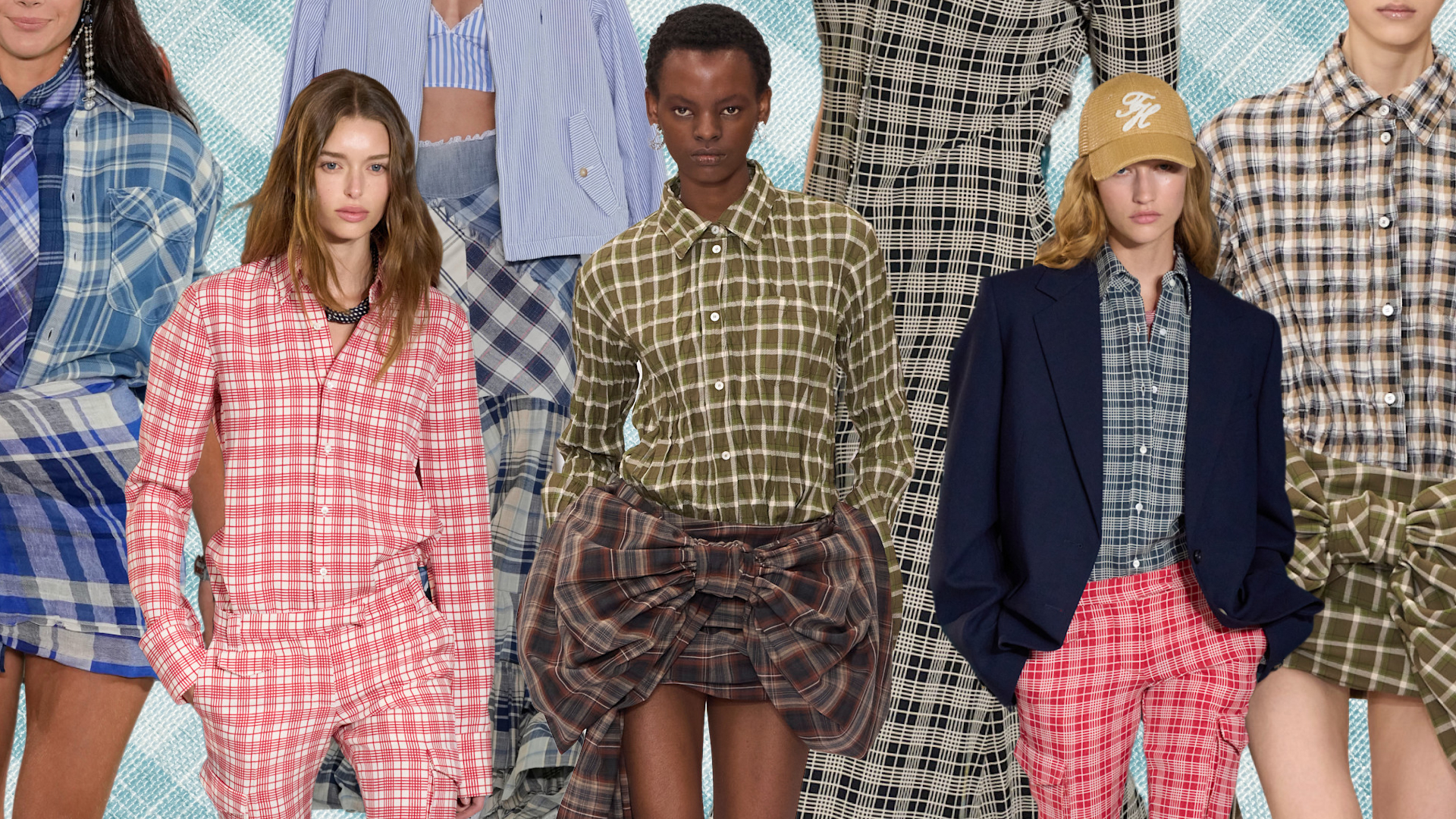 collage of plaid outfits from the spring 2025 runways