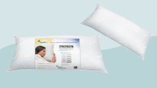 Two images of the Mediflow Water Pillow on a pale blue two-tone background