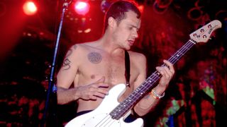 Flea on stage at the Aragon Ballroom in Chicago, Illinois, December 6, 1991