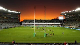 Eden Park stadium rugby posts at dusk