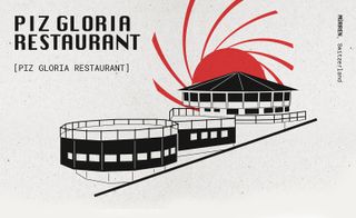 black and red drawing of Piz gloria restaurant from the on her majesty's secret service Bond movie