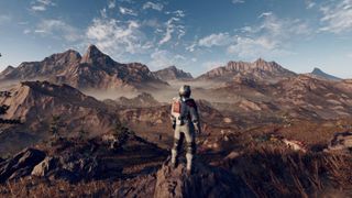 An astronaut stares out at a desolate landscape in Starfield