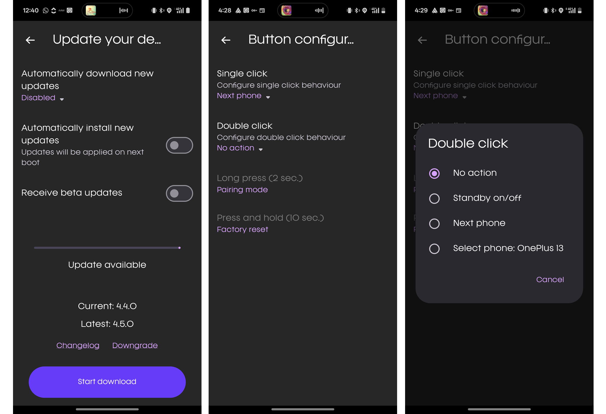 Screenshots of AAWireless app showing firmware update and button configurations.