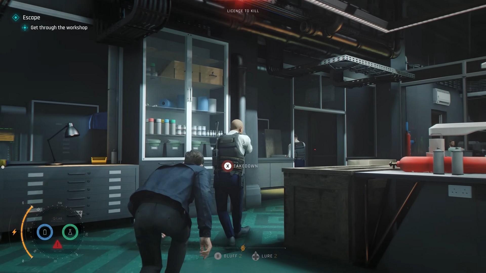 James Bond in 007 First Light crouch walks behind an enemy, with a takedown prompt