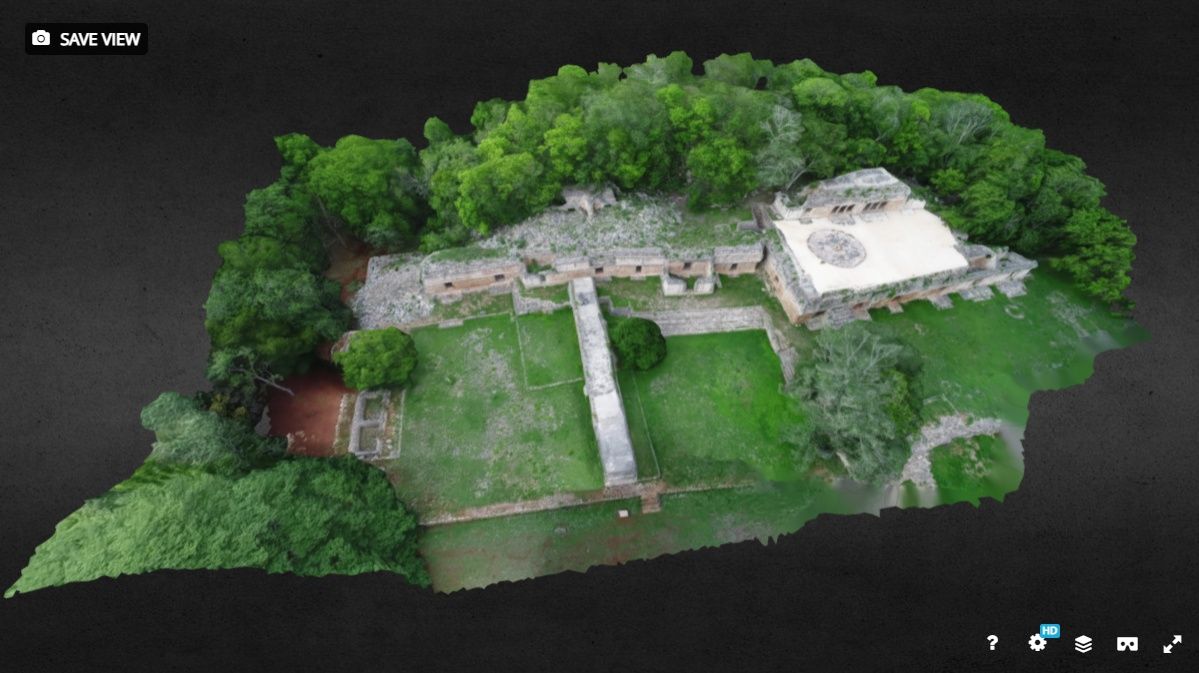A 3D digital illustration of Labna palace in the Puuc region.