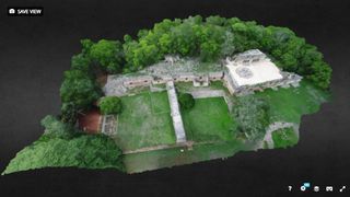 A 3D digital illustration of Labna palace in the Puuc region.