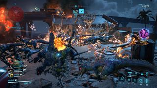 In-game screenshot of players fighting a Raptor Super Swarm in Exoprimal