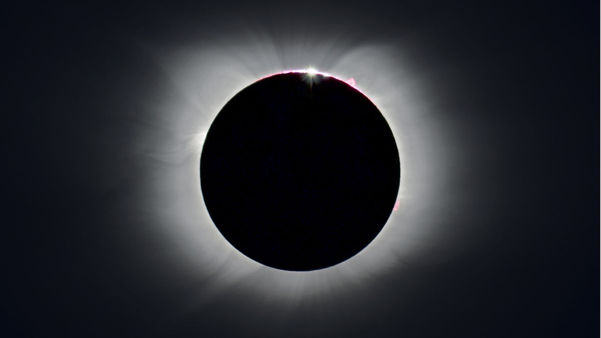 The moment of totality from the total solar eclipse of Dec. 4, 2021 as seen by Theo Boris and Christian Lockwood of the JM Pasachoff Antarctic Expedition from their observing point in Union Glacier, Antarctica.