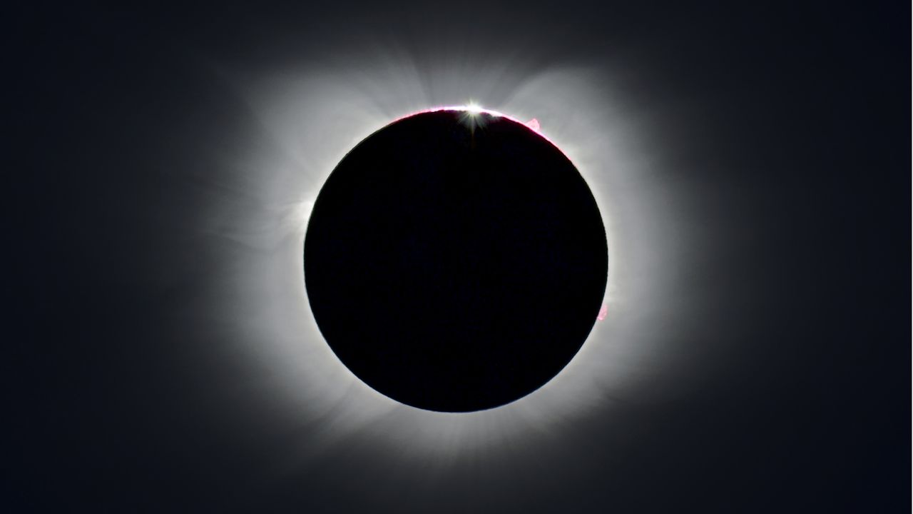The moment of totality from the total solar eclipse of Dec. 4, 2021 as seen by Theo Boris and Christian Lockwood of the JM Pasachoff Antarctic Expedition from their observing point in Union Glacier, Antarctica.