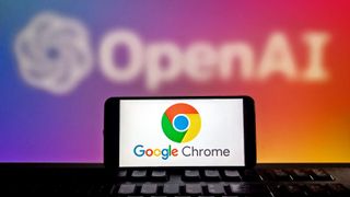 In this photo illustration, the logo of Chrome is displayed on a smartphone screen with OpenAI logo in the background on April 23, 2025 in Suqian, Jiangsu Province of China.
