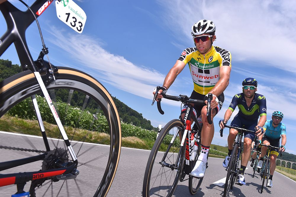 Michael Matthews in yellow duign stage 4 at Tour de Suisse