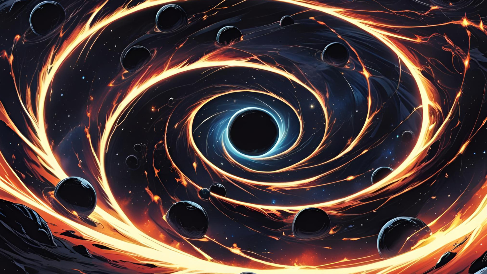 An illustration of many black holes spiraling into a larger central black hole