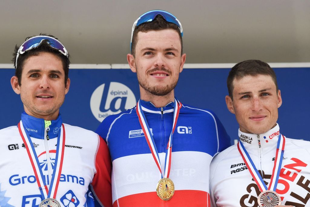 Rémi Cavagna (Deceuninch-QuickStep) poses on the podium with Rudy Molard (left) and Damien Touze (right) as new French cycling champion in road race