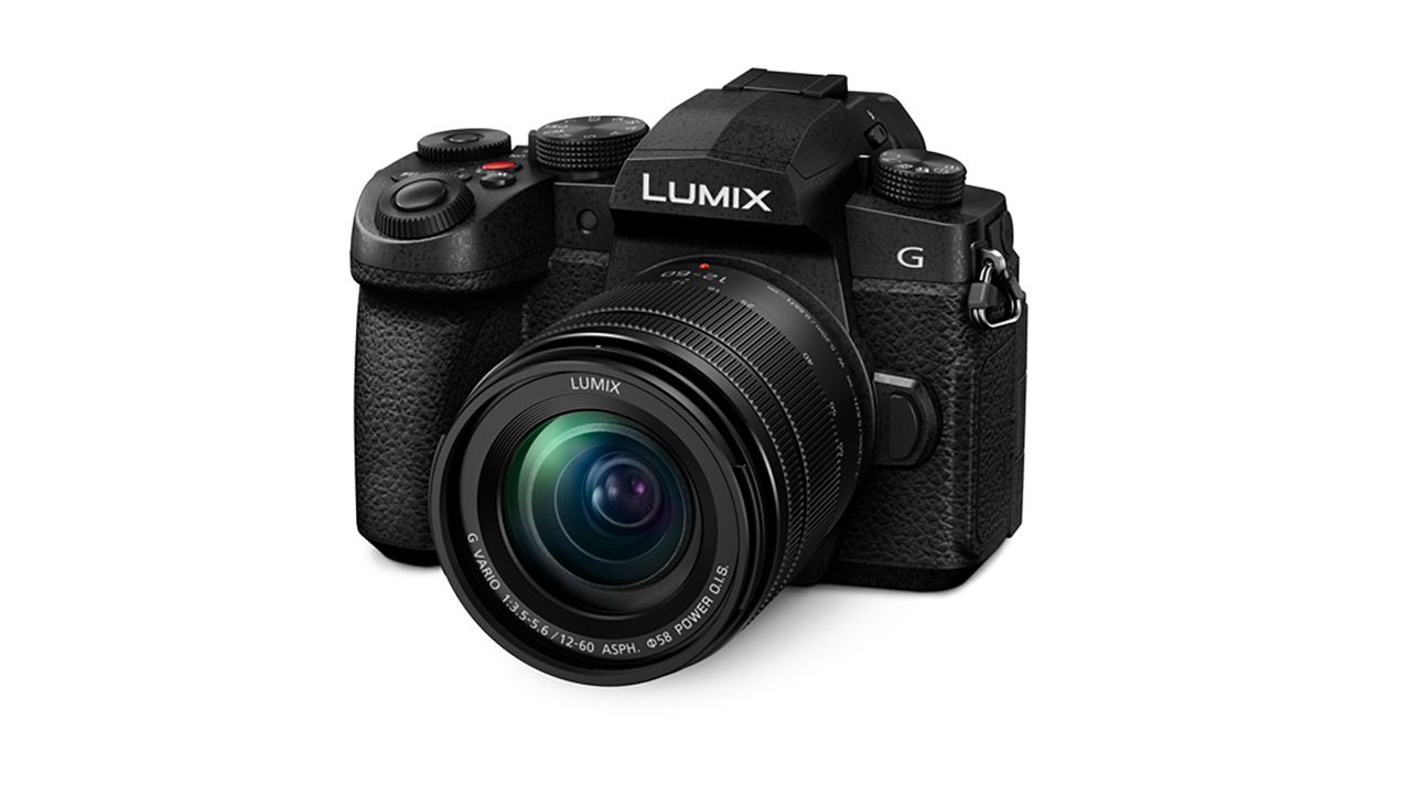 The Panasonic Lumix G97 with a lens sits on a white background
