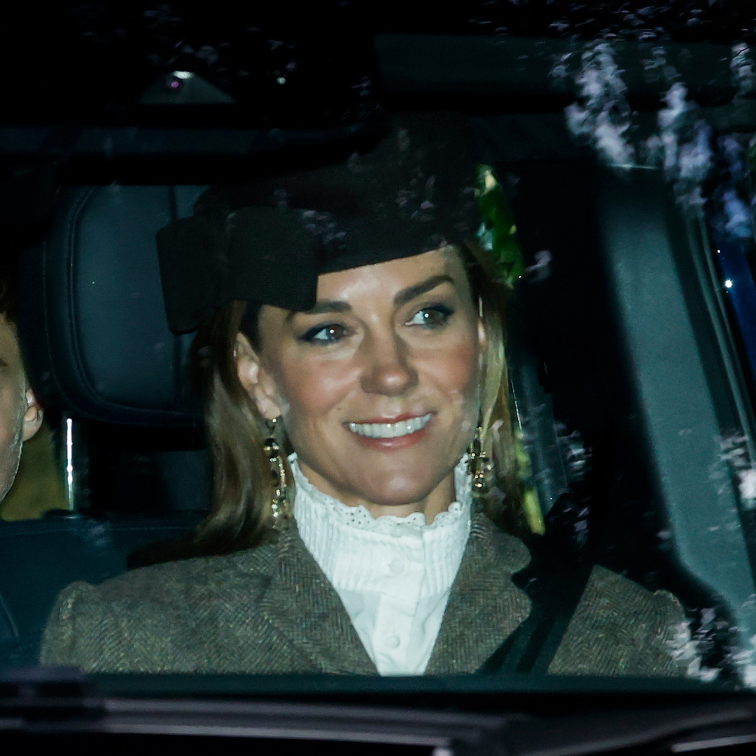 Princess Kate wears a hat with a high-neck white shirt and gray blazer to attend church in Balmoral with Prince George and Prince Louis