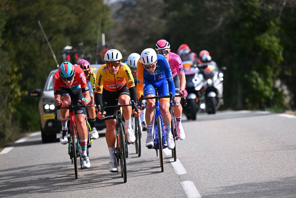MONT-FARON, FRANCE - FEBRUARY 16: (L-R) Victor Vaneeckhoutte of Belgium and Team Lotto-Dstny, Morne Van Niekerk of South Africa and Team St Michel Mavic-Auber 93 and Mael Guegan of France and Team CIC U Nantes Atlantique during the 1st Classic Var 2024 a 184.3km one day race from Saint-Raphael to Mont Faron 499m on February 16, 2024 in Mont Faron, France. (Photo by MONT-FARON, FRANCE - FEBRUARY 16: (L-R) Victor Vaneeckhoutte of Belgium and Team Lotto-Dstny, Morne Van Niekerk of South Africa and Team St Michel Mavic-Auber 93 and Mael Guegan of France and Team CIC U Nantes Atlantique during the 1st Classic Var 2024 a 184.3km one day race from Saint-Raphael to Mont Faron 499m on February 16, 2024 in Mont Faron, France. (Photo by Billy Ceusters/Getty Images)