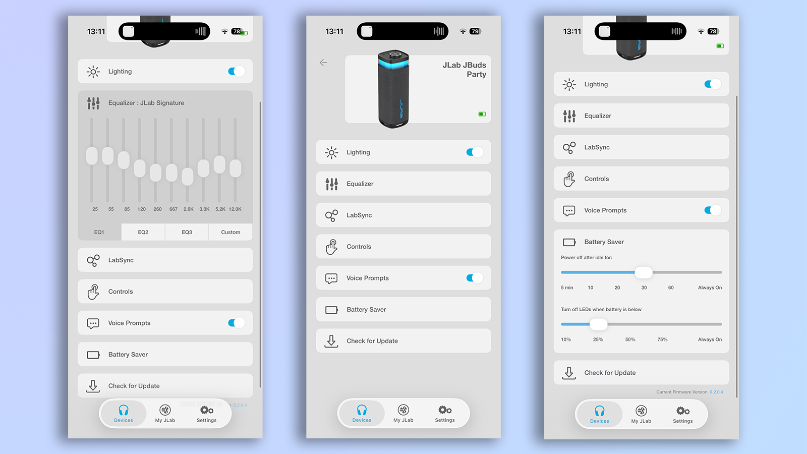 the jlab jbuds party speaker jlab app compatibility showing the app controls and eq and software updates in the app