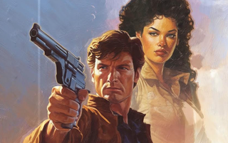  a woman stands behind a man holding a pistol on a desert planet