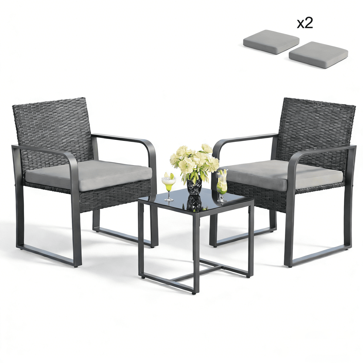 Lofka 3-Piece Patio Chairs Set With Glass Coffee Table, Outdoor Furniture Set for Garden, Porch, Bistro, Yard, Gray Cushion