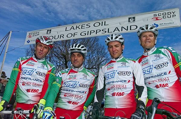 Safety in numbers: VCC New Caledonia teammates on the start line for stage seven of the tour in Bairnsdale