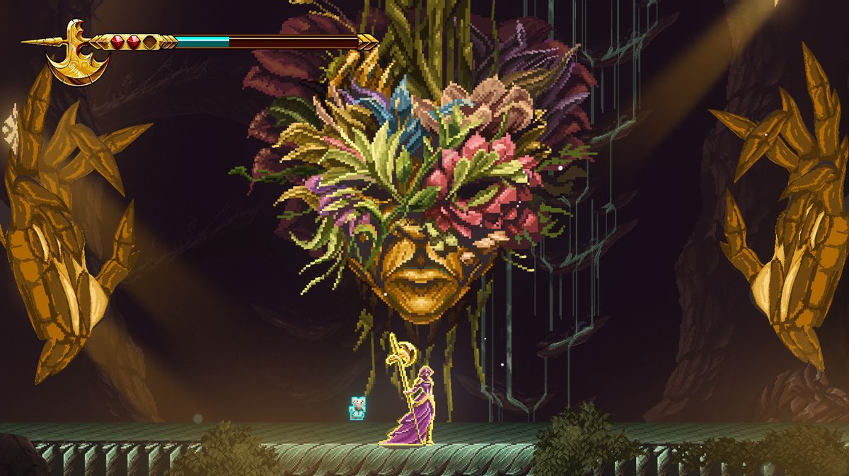 a giant golden woman&#039;s head wearing a flower mask and a normal sized woman below with an axe