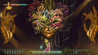 a giant golden woman's head wearing a flower mask and a normal sized woman below with an axe