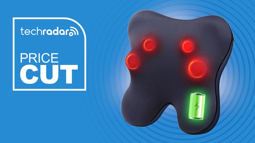 The Bob and Brad EZBack massager on a blue deals background