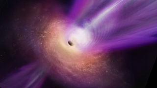 An orange disk with black hole at its center and two bright purple eruptions extend from it