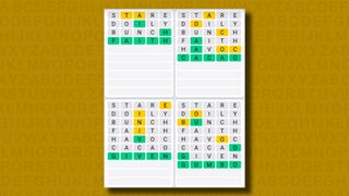 Quordle Daily Sequence answers for game 828 on a yellow background