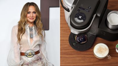 Two pictures: One of Jennifer Lopez in a white dress and one of a Keurig coffee maker on a wooden table