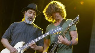 Soundgarden guitarist Kim Thayil (L) and singer Chris Cornell perform on stage at the Soundwave Festival at the Melbourne Showgrounds on February 22, 2015 in Melbourne, Australia