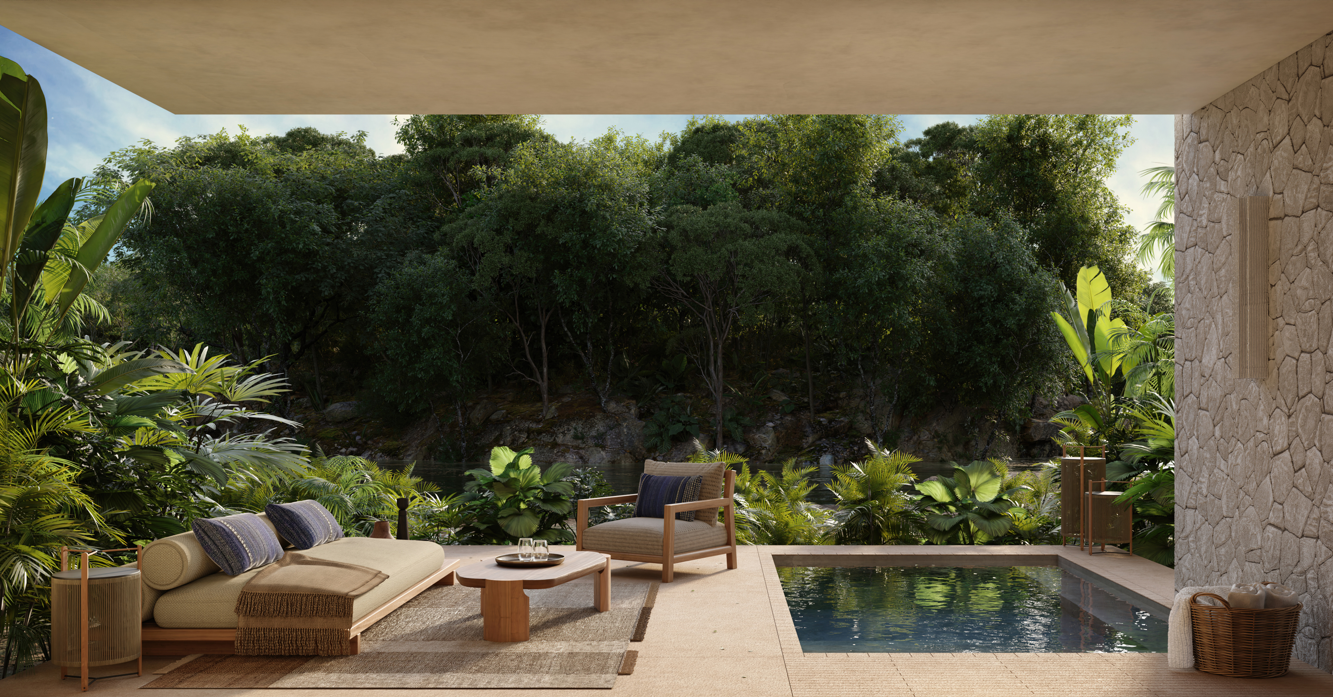 A rendering showing a room and plunge pool at Alila Mayakoba