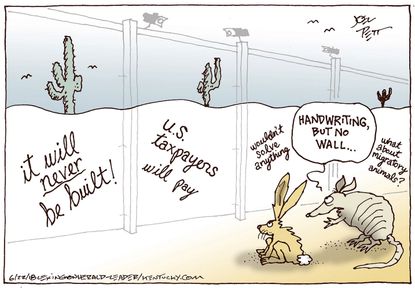 Political cartoon U.S. border wall Mexico immigration Trump