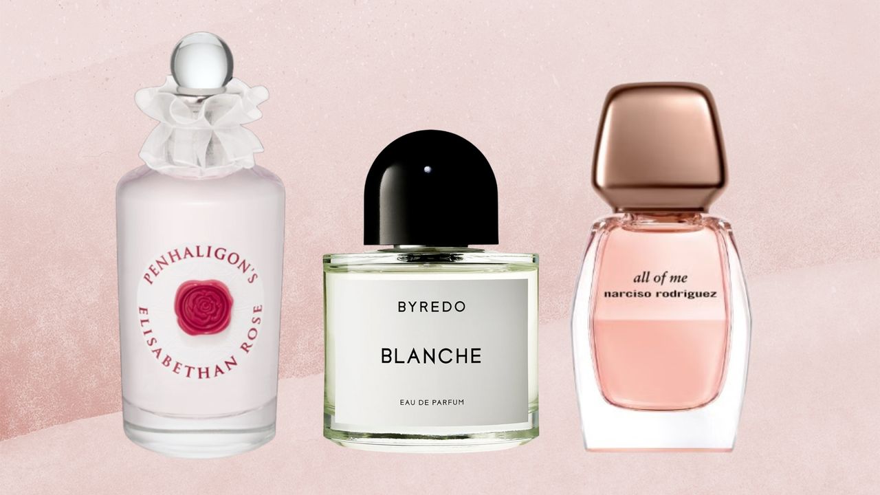 A collage of best rose perfumes including Penhaligon&#039;s Elisabethan Rose, Byredo Blanche and Narciso Rodriguez all of me perfumes/ on a pink watercolour paint-style template