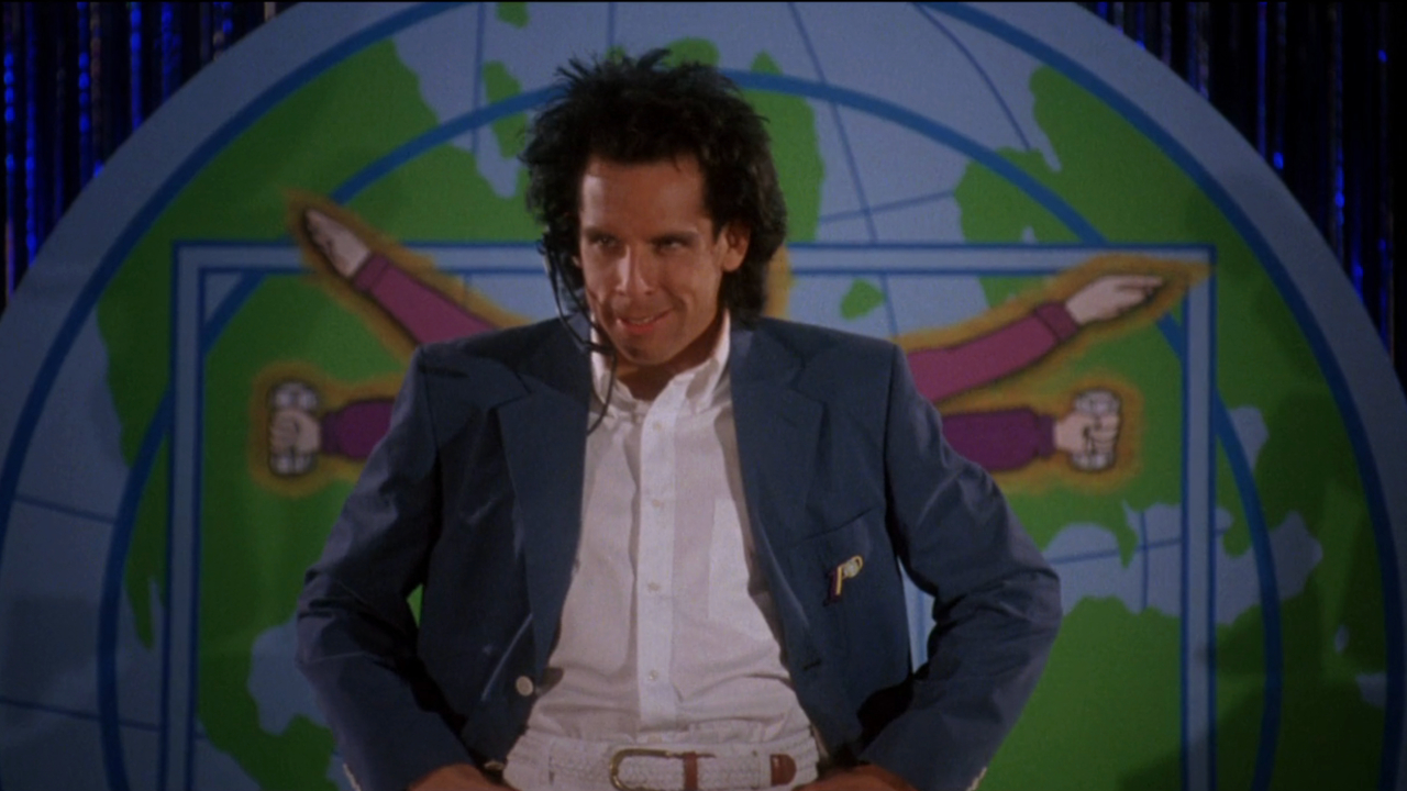 A crazed Ben Stiller stands on stage in Heavyweights.