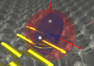 Artist’’s impression of a single-atom electron spin, hosted in a silicon crystal and dressed by an oscillating electromagnetic field