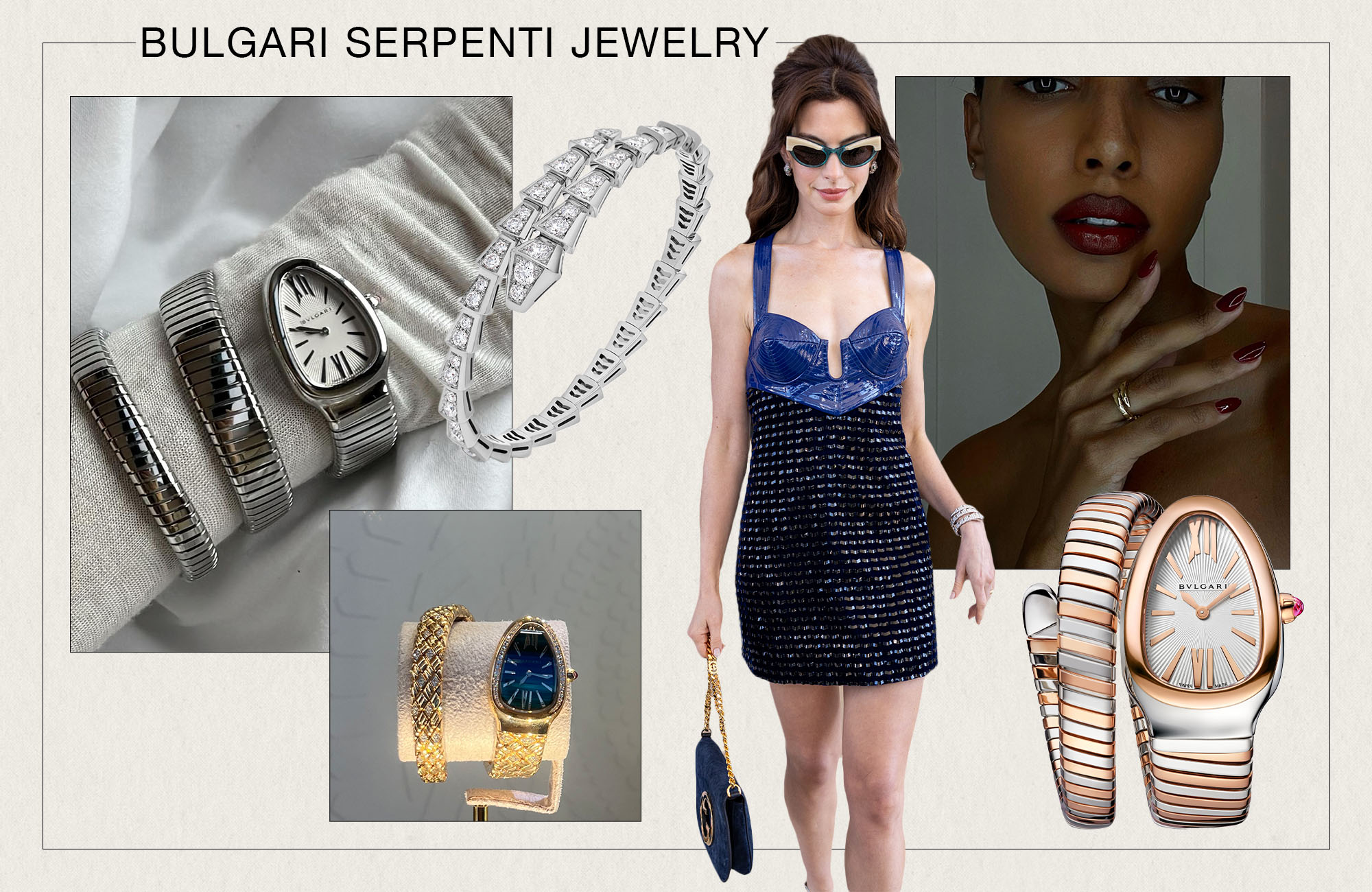 A collage of images of Bulgari Serpenti jewelry.