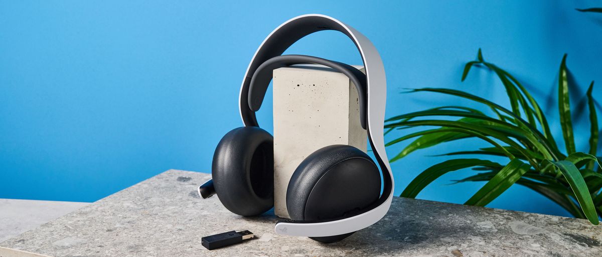 A black and white Sony PlayStation Pulse Elite wireless gaming headset for PS5 and PS Portal