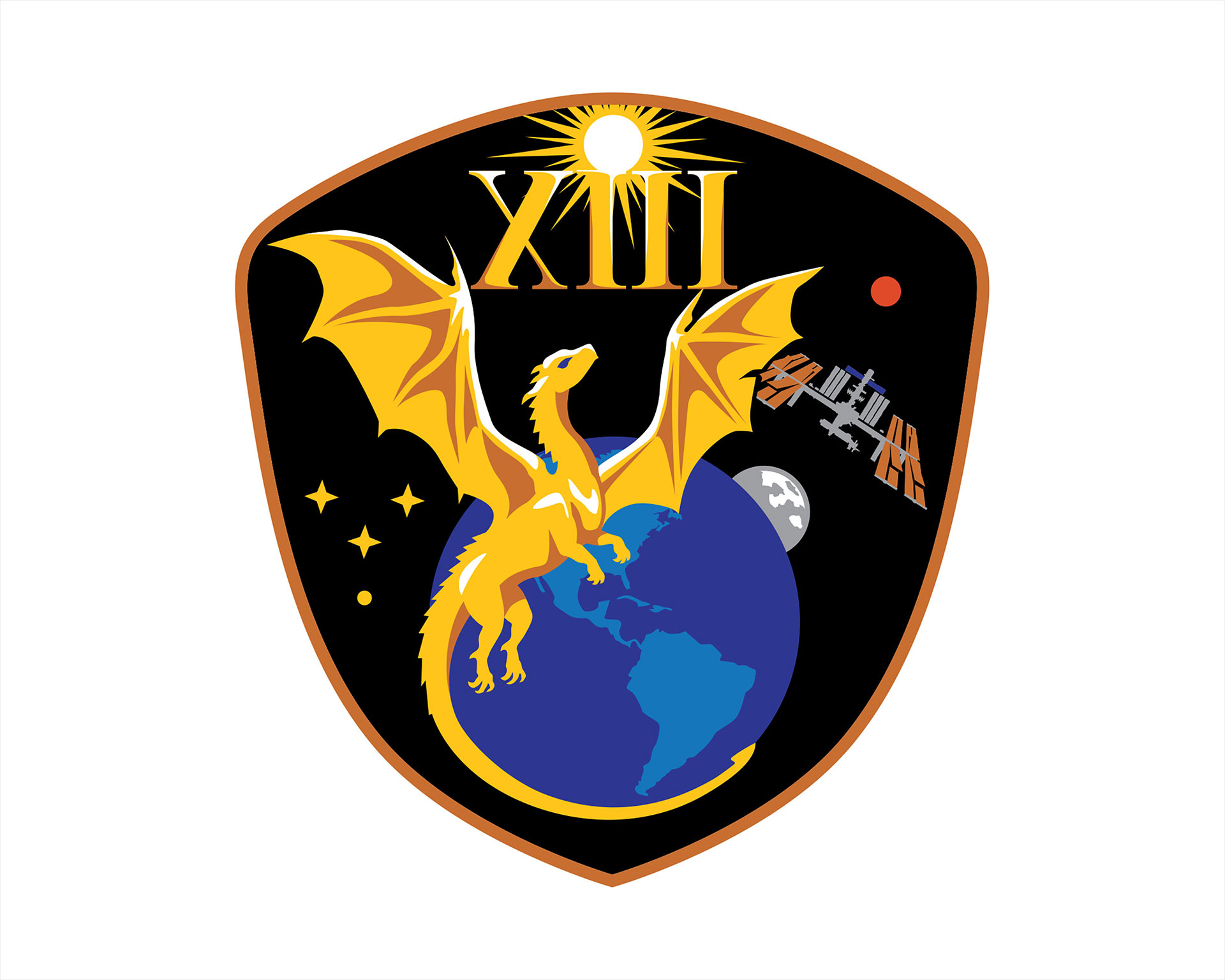 a gold, blue and back emblem with artistry symbolic of aspects of a space mission