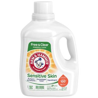 A bottle of Arm & Hammer's fragrance-free laundry detergent
