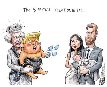 Political Cartoon U.S. Trump UK Visit Royal Baby Twitter