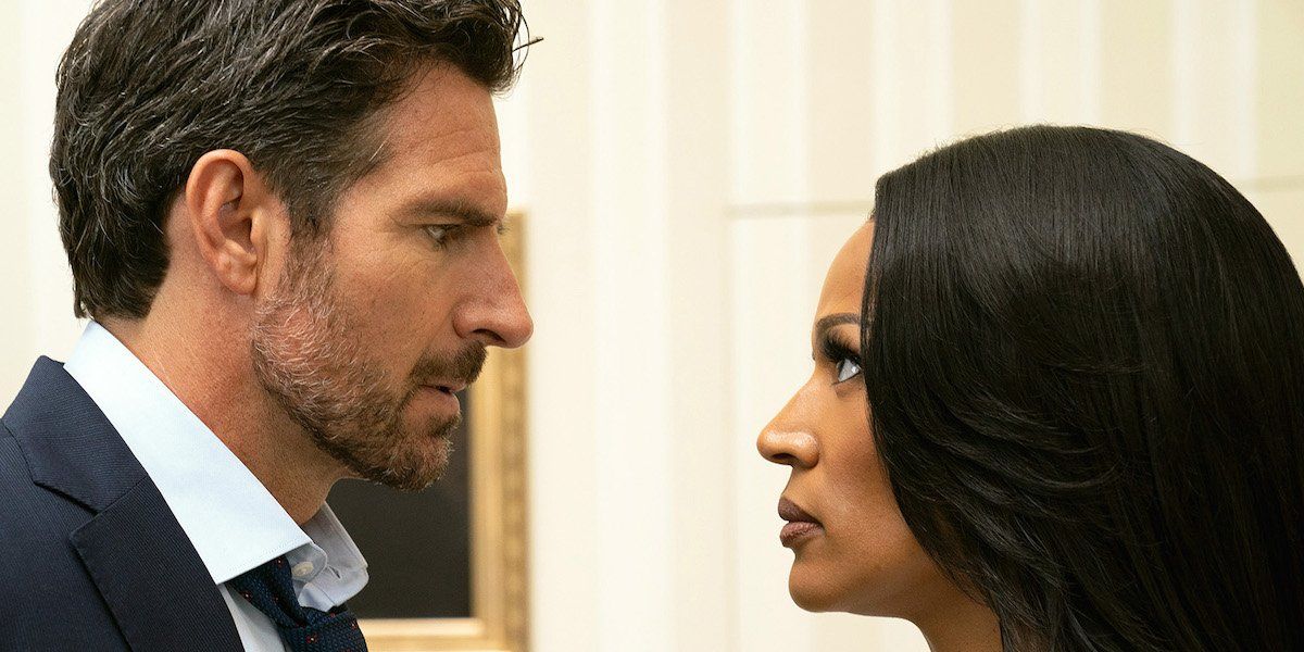 Ed Quinn and Kron Moore staring each other down as Mr. &amp; Mrs. Franklin in Tyler Perry&#039;s The Oval