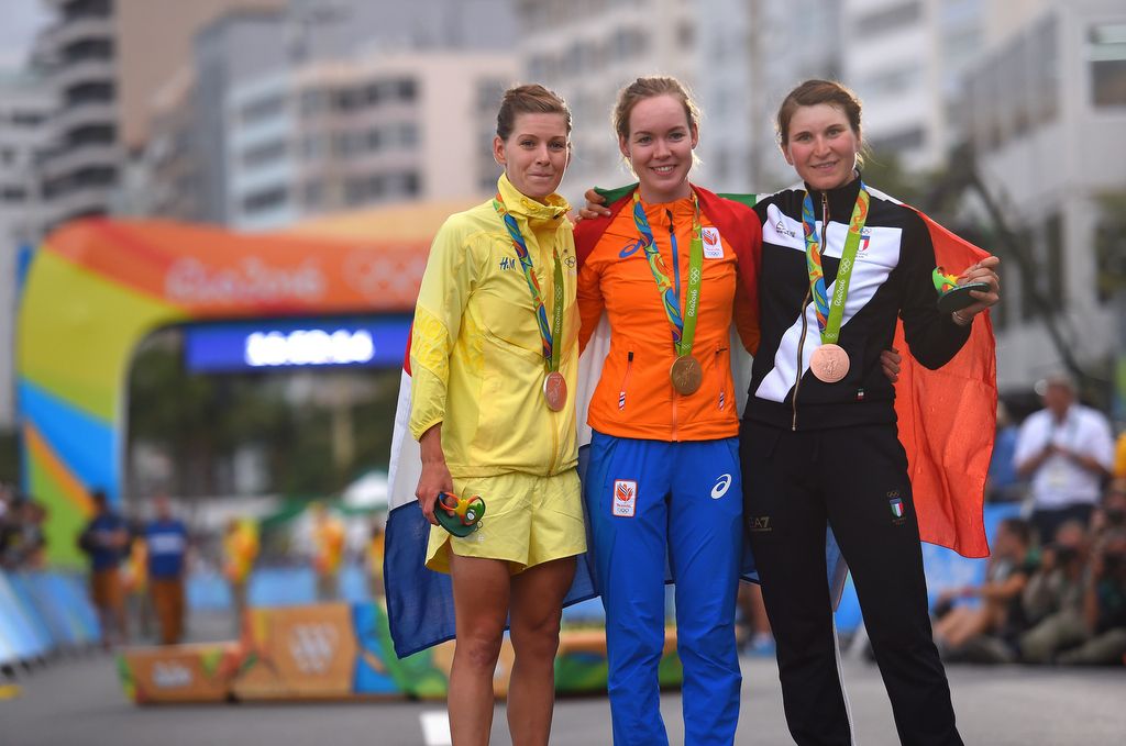 The women's 2016 Olympic Road Race podium