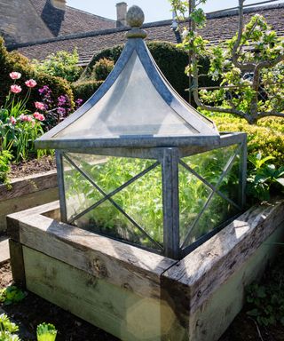 Raised garden bed ideas with timber wood and a metal and glass greenhouse structure inside.