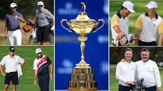 A Ryder Cup in the middle, with players and caddies around