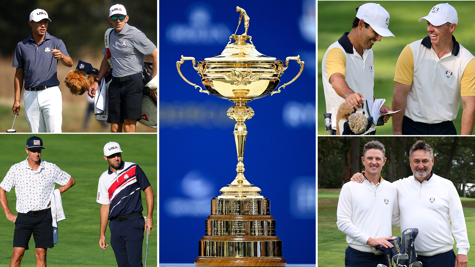 A Ryder Cup in the middle, with players and caddies around