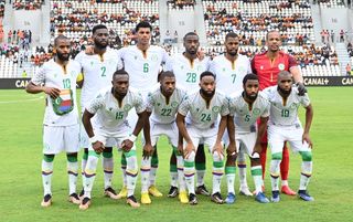 The Comoros team line up ahead of a match at AFCON 2021, their debut tournament