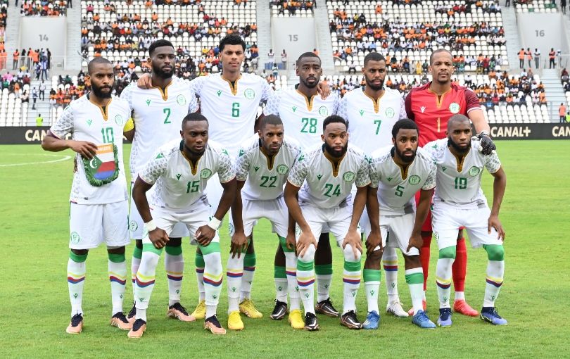 The Comoros team line up ahead of a match at AFCON 2021, their debut tournament